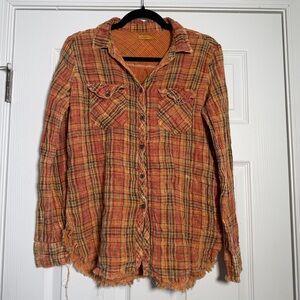 Distressed Edgy Black & Orange Plaid Fall Button Down Long Sleeve Shirt